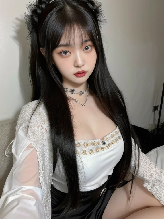 There is a woman who is sitting with yellow eyes, ulzzang, korean girl, with long hair and piercing eyes, Sakimichan, pale korean adorable face, cruel korean gothic girl, Beautiful young Korean woman, beautiful south korean woman, 8k selfie photography, anime girl in real life, young and adorable korean face, with long hair, jaeyeon nam