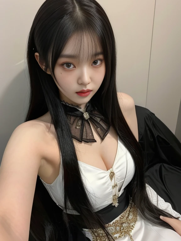 There is a woman who is sitting with yellow eyes, ulzzang, korean girl, with long hair and piercing eyes, Sakimichan, pale korean adorable face, cruel korean gothic girl, Beautiful young Korean woman, beautiful south korean woman, 8k selfie photography, anime girl in real life, young and adorable korean face, with long hair, jaeyeon nam