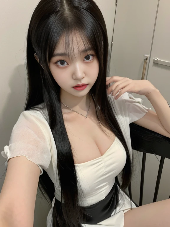 There is a woman who is sitting with yellow eyes, ulzzang, korean girl, with long hair and piercing eyes, Sakimichan, pale korean adorable face, cruel korean gothic girl, Beautiful young Korean woman, beautiful south korean woman, 8k selfie photography, anime girl in real life, young and adorable korean face, with long hair, jaeyeon nam