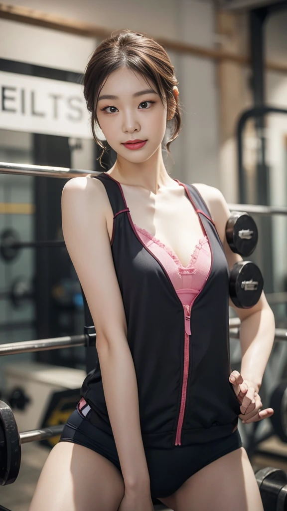 Highly detailed CG unity 8k wallpaper, of the highest quality, Super detailed, masutepiece, Realistic, photographrealistic, extremely detailed cute girl, 25yo, cleavage , (perspired) ,  Round eyes, peeping at the viewer,  Blush, Smile, parted lip, Semi-body shot , Realistic、track suit、Realistic reproduction with vests ,  Panties , Squat, sports gym