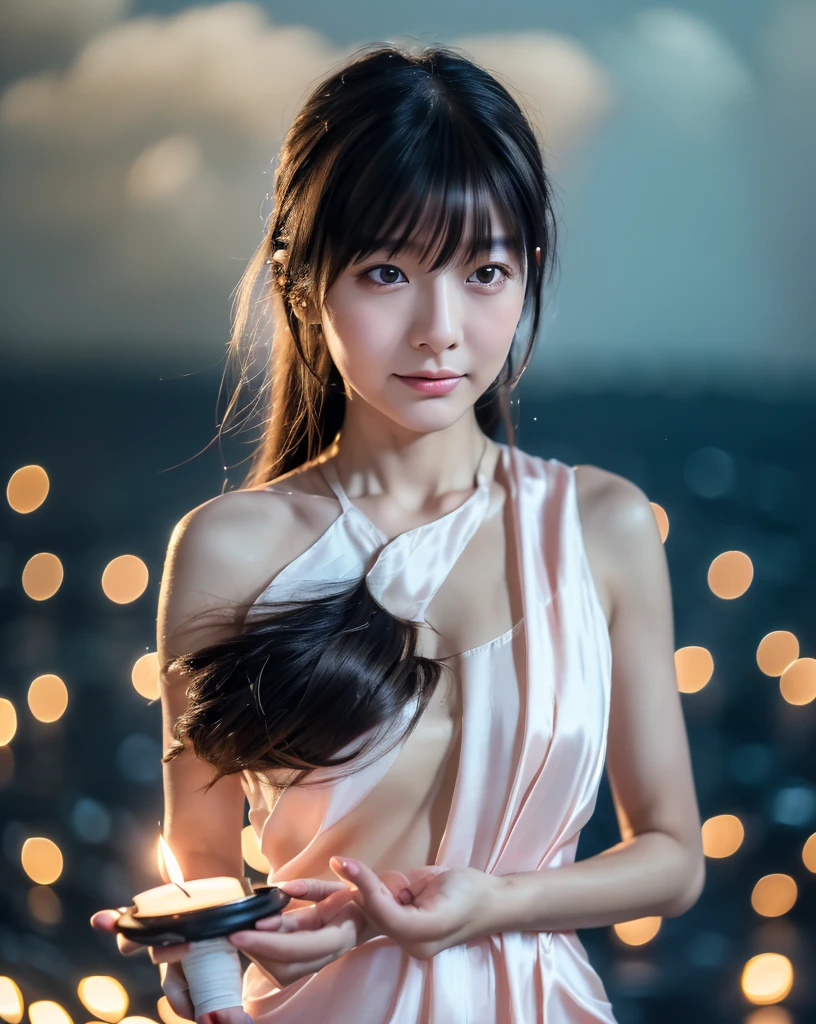 (Highest quality, 32k, High resolution, Masterpiece:1.5, ), marimo_jet, god々A photograph with brilliant dazzling and healing power., Representing the end of despair and the beginning of hope, Expressing emotions, Have a rich imagination, ((夜の嵐で荒れる海原に立つgod々Shii Girl:1.4)), The deep kindness of women begins to shine in the darkness., Beautiful Japanese Girls, ((whole body:1.6)), An exceptionally beautiful face, Small Face Beauty, Perfect Human Anatomy, Close your eyes as if praying, Motherhood and generosity, Deep Love, fleeting smile, Shiny black hair, ((Beautiful, wind-blown, super long, straight silk hair:1.3)), Asymmetrical bangs, Hair between the eyes, Transparent, soft white skin, Sharp eyebrows, Thin lashes, Natural Makeup, Cheek highlighter, Pale pink detailed lips, ((White dress:1.3)), ((Holding a small lit candle carefully in both hands:1.3)), ((Rough sea at night:1.5)), ((Dark night background with black clouds and heavy rain:1.4)), Professional Photographer, Professional Lighting, Professional model waiting to start