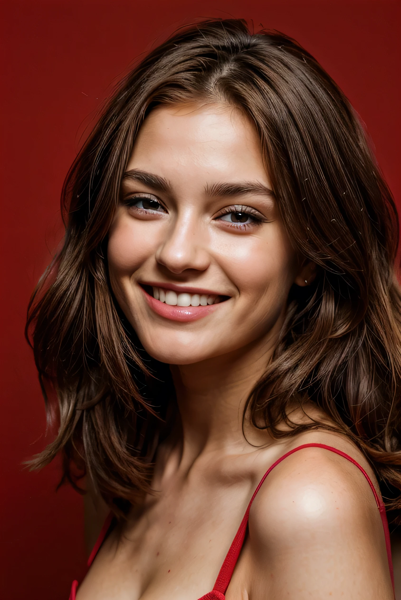 14歳 , Linda, face perfect, gorgeous face, beautiful smiling, with red background