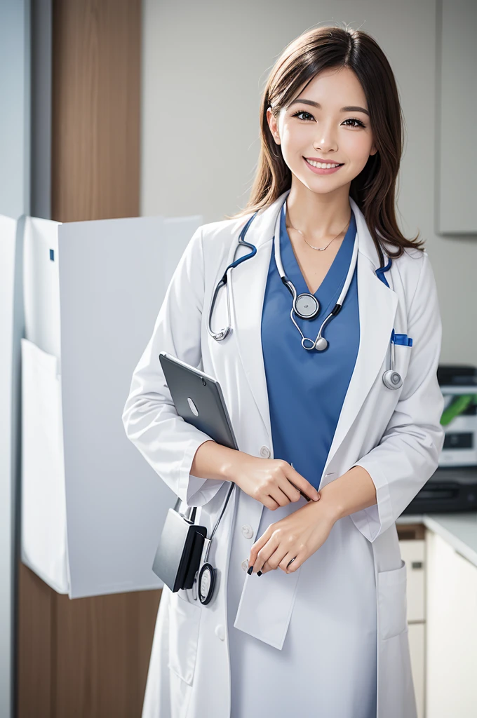 1. Professional attire: She could be dressed in a white coat.

2. Accessories: Wearing a stethoscope around your neck or holding a clipboard or tablet.

3. enviroment: Being in a doctor&#39;s office or in an environment with fruit, vegetables and other healthy foods in the background.

4. stance: Have a friendly and welcoming expression, possibly smiling while talking to a patient or looking at a nutrient chart.