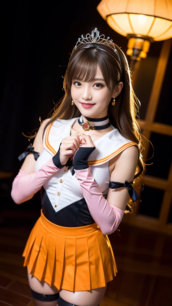 best quality、ultra-detailed、8K、Japanese、Japanese、Seductive beauty、seductive adult woman、Pretty Woman、cool girl、smirk、Wicked Smile、masterpiece、best quality、highres、1girl、独奏、slender、looking at viewer、standing、sv1、1, sailor senshi uniform, Orange skirt, pleated skirt, Miniskirt, orange sailor collar, elbow gloves, black gloves, tiara, hair bow, red bow, choker, orange choker, white leotard, blonde hair, very long hair, jewelry, earrings, (incoming gift, box:1.2), grin, blush, classroom, blonde hair,young, beautiful Japanese actress wearing villainous costume inspired by female demon. costume is glossy bodysuit with pink and purple color scheme. Her headpiece and makeup are uniquely themed around lipstick and cosmetic bottles, with headpiece. Her makeup features villainous-style, with bold lipstick and dramatic eyeshadow. She is smiling enticingly, capturing essence of charismatic but dangerous character, action battle pose. at night, outdoor, town、Brown hair、wavy hair、swept bangs、piercing eyes、skin color pantyhose、night、inside darkroom、hand hold pantyhose、Are standing、shoot from below、Offer、shoot from below、Swear allegiance、I have pledged my allegiance、