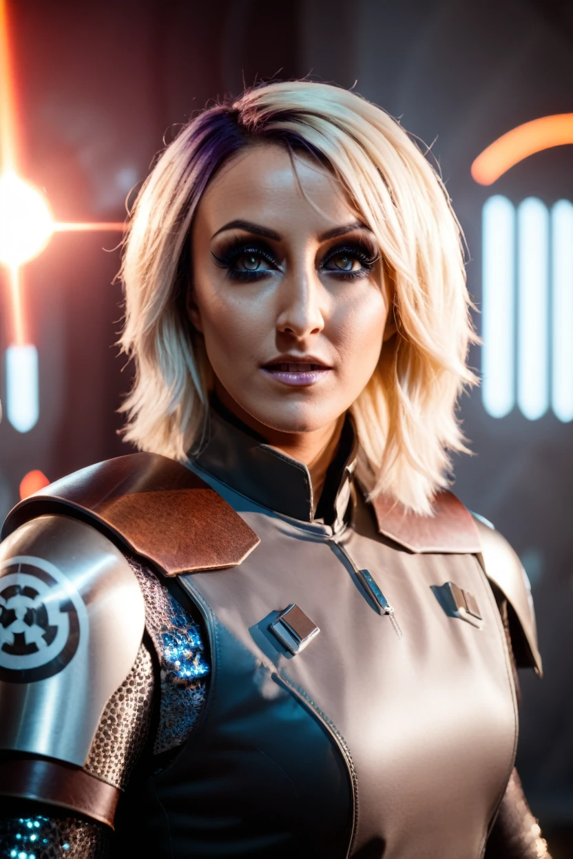 a photograph of a blonde Jessica Nigri cinematic photo sabine wren wearing armor at observatory. 35mm photograph, film, bokeh, professional, shot by david lachapelle, 4k, highly detailed