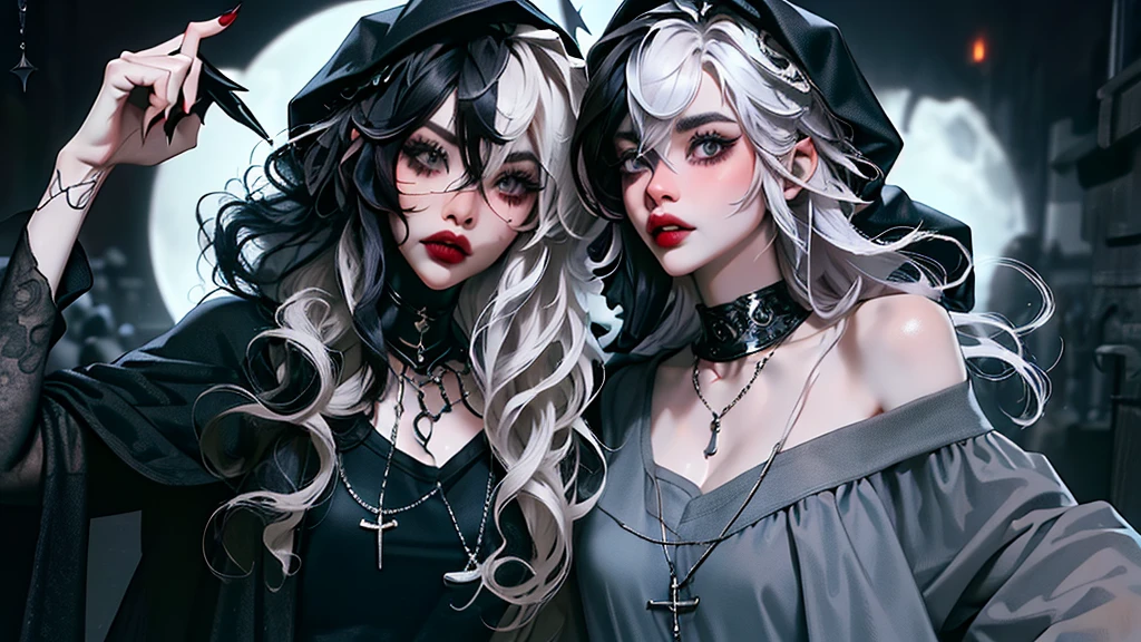 ((best quality)), ((masterpiece)), (detailed), 1girl, solo, beautiful, gothic, witch, gloomy, Asian woman, mature, black clothing, hooded black robe, modest clothing, hood up, goddess of death, blank expression, stoic expression, serious expression, split dye hair, multicolored hair, black and white hair, black dye on right side, white hair on left side, messy hair, bangs, black eyebrows, thick eyebrows, long eyelashes, grey eyes, dark circles under eyes, plump lips, red lipstick, red lips, no skin showing, skinny, pale skin, thin, sickly looking, looking at viewer, holding scythe, in graveyard, Wylona Hayashi, all black clothing, black hood, full body shot, cemetery background, standing, standing in a cemetery, holding scythe, windy, wind blowing, black long sleeves, black witch clothing, black religious clothing