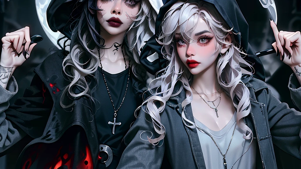 ((best quality)), ((masterpiece)), (detailed), 1girl, solo, beautiful, gothic, witch, gloomy, Asian woman, mature, black clothing, hooded black robe, modest clothing, hood up, goddess of death, blank expression, stoic expression, serious expression, split dye hair, multicolored hair, black and white hair, black dye on right side, white hair on left side, messy hair, bangs, black eyebrows, thick eyebrows, long eyelashes, grey eyes, dark circles under eyes, plump lips, red lipstick, red lips, no skin showing, skinny, pale skin, thin, sickly looking, looking at viewer, holding scythe, in graveyard, Wylona Hayashi, all black clothing, black hood, full body shot, cemetery background, standing, standing in a cemetery, holding scythe, windy, wind blowing, black long sleeves, black witch clothing, black religious clothing