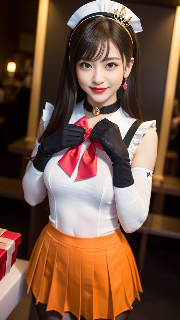 best quality、ultra-detailed、8K、Japanese、Japanese、Seductive beauty、seductive adult woman、Pretty Woman、cool girl、smirk、Wicked Smile、masterpiece、best quality、highres、1girl、独奏、slender、looking at viewer、standing、sv1、1, sailor senshi uniform, Orange skirt, pleated skirt, Miniskirt, orange sailor collar, elbow gloves, black gloves, tiara, hair bow, red bow, choker, orange choker, white leotard, blonde hair, very long hair, jewelry, earrings, (incoming gift, box:1.2), grin, blush, classroom, blonde hair,young, beautiful Japanese actress wearing villainous costume inspired by female demon. costume is glossy bodysuit with pink and purple color scheme. Her headpiece and makeup are uniquely themed around lipstick and cosmetic bottles, with headpiece. Her makeup features villainous-style, with bold lipstick and dramatic eyeshadow. She is smiling enticingly, capturing essence of charismatic but dangerous character, action battle pose. at night, outdoor, town、Brown hair、wavy hair、swept bangs、piercing eyes、skin color pantyhose、night、inside darkroom、hand hold pantyhose、Are standing、shoot from below、Offer、shoot from below、Swear allegiance、I have pledged my allegiance、