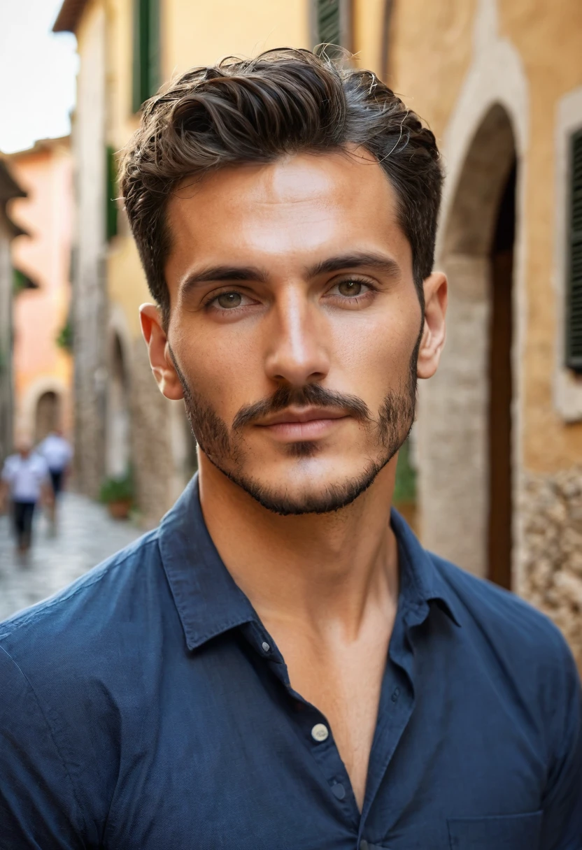 perfect italian man, short hairstyles light hairin an Italian village focus on character's face
