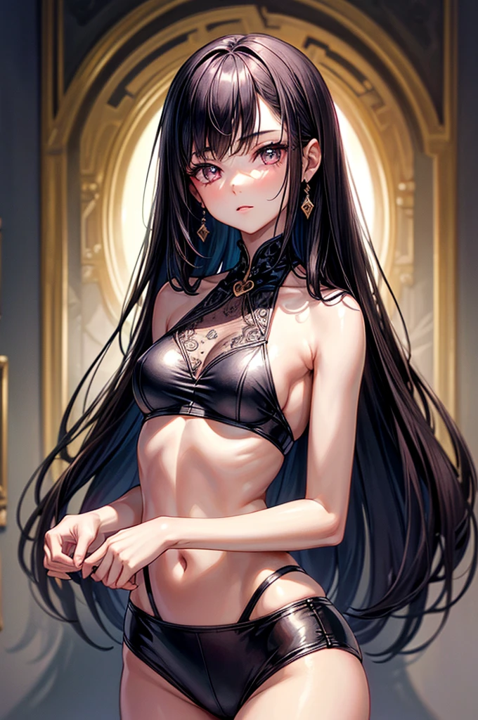 ((highest quality)),(ultra high resolution),(Super detailed),(detailed description),((best CG)),(best work of art),super precision art, great drawing art,(Art with precise details:1.5), (ung girl:1.5), beautiful and well-shaped face:1.5,(Beautiful skin with precise and detailed depiction:1.6),(sleeveless halter neck sports bra, elastic waist band shorts ),gorgeous, masterpiece, best quality, high-resolution, finely detailed, extremely detailed and beautiful, distinct-image, 1 girl, 16 year old teen, solo, sharp facial features, oval shaped face. cherry pink lips, lightly tanned white skin. velvet-colored eyes, C-cup breasts, tall height(175cm), slim yet chiseled body type, short shoulder length dark violet-black hair, small narrow waist, long and slender legs, curvy wide hips, elegant gothic courtyard setting