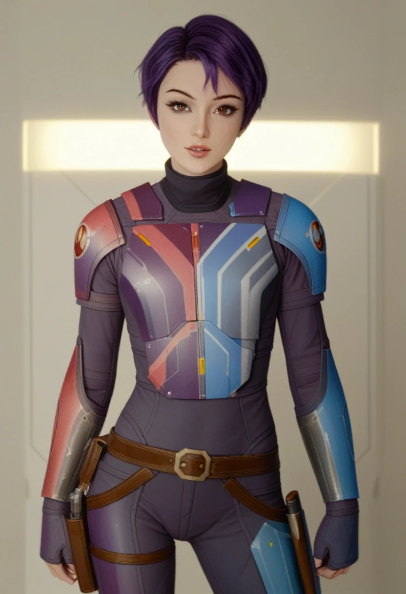 score_9_up, score_8_up, score_7_up, 1girl, solo, mature female, ((Sabin Wren)), purple short hair, pixie haircut, brown eyes, pink lips, parted lips, fit slim body, (((Sabin’s armored suit, brown belt with holster))), (((dark grey Starship room, space in the porthole, detailed furniture, highly detailed interior, blue led backlight))), perfect model body, seductive pose