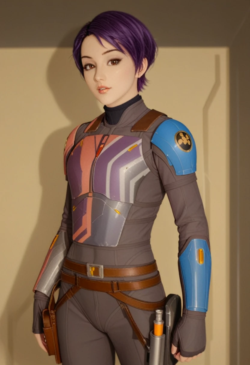 score_9_up, score_8_up, score_7_up, 1girl, solo, mature female, ((Sabin Wren)), purple short hair, pixie haircut, brown eyes, pink lips, parted lips, fit slim body, (((Sabin’s armored suit, brown belt with holster))), (((dark grey Starship room, space in the porthole, detailed furniture, highly detailed interior, blue led backlight))), perfect model body, seductive pose