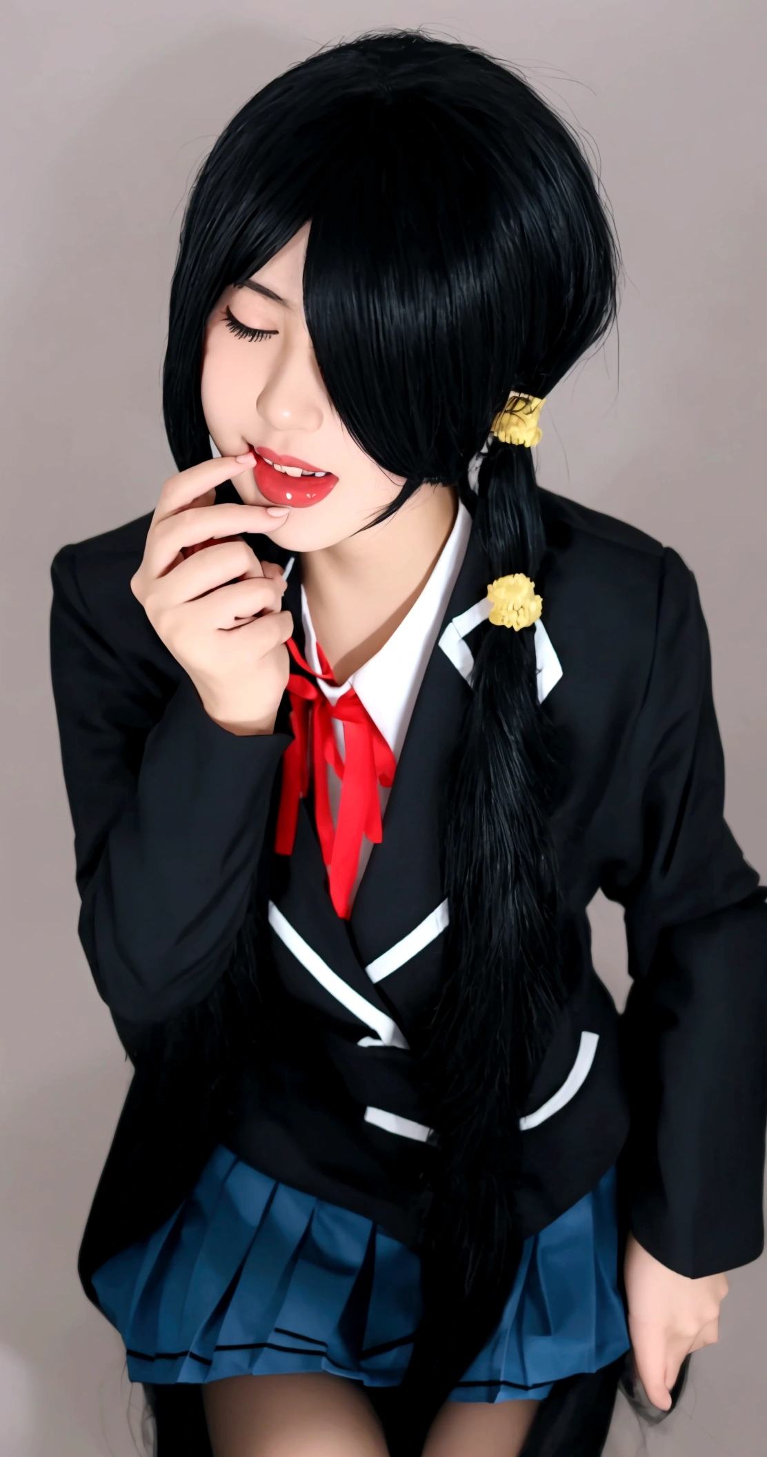 1girl, solo, close-up,
bbkurumi, long hair, low twintails, hair over one eye, , blazer, black jacket, pleated skirt, blue skirt, black pantyhose,
open mouth, mouth open wide, mouth open big, wide_mouth, tongue out, saying ahhhh, closed eyes,, weird atmosphere, (best quality:1.1), (masterpiece:1.2), high quality shadow, beautiful detailed, (high detailed skin, skin details), (wide_landscape, 8k), beautiful face, detailed eyes, depth of field, dramatic light, best quality, highres, best shadow, best illumination,