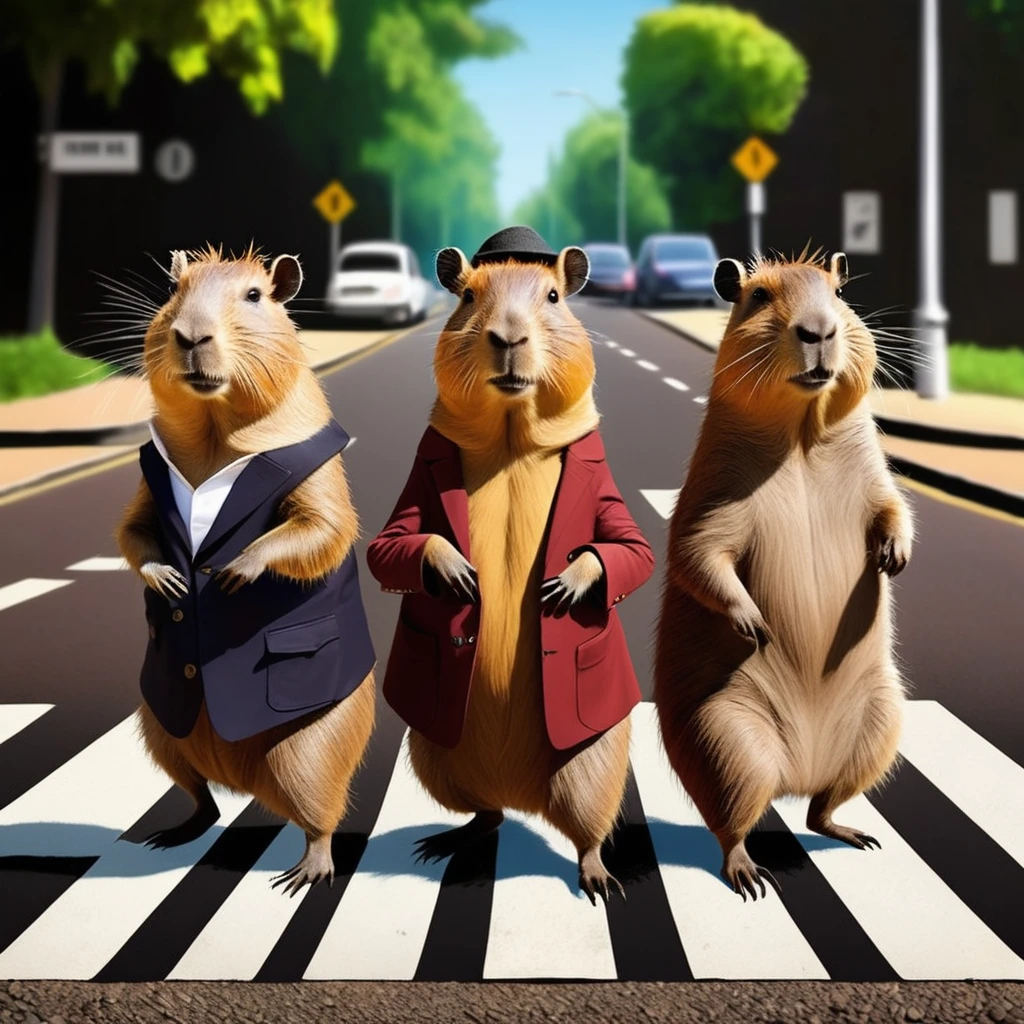 Four cute capybara, Beatles impersonation, same hairstyles and outfits, walking right on Abbey Road zebra crossing, Abbey Road is the 11th album of the British rock band The Beatles.