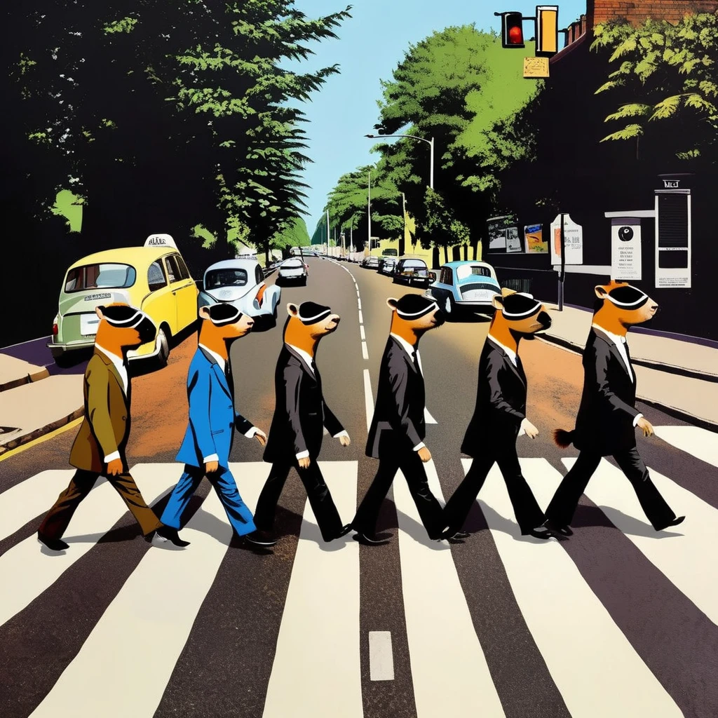 Four cute capybara, Beatles impersonation, same hairstyles and outfits, walking right on Abbey Road zebra crossing, Abbey Road is the 11th album of the British rock band The Beatles. 