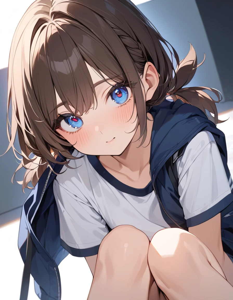 (masterpiece:1.2, Highest quality),(anime), 10-year-old girl,Shy,Light blue eyes,Drooping eyes,Brown Hair,Two knots,Light blue printed T-shirt,Black Mini Skirt,Black and white striped knee-high socks
