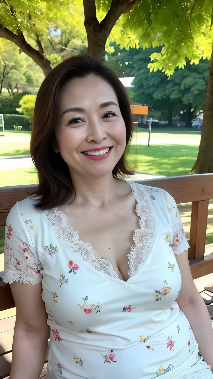 8k wallpaper, masterpiece, Highest quality, Super detailed, One Mature Woman, 50 years old, Become very clear, Wearing a short-sleeved blouse, Skin dents, Captivating smile, Looking at the audience, Cleavage, plump, Curvaceous, Fascinating face, Smiling with teeth showing, Wrinkles around the eyes, Sitting on a park bench, Background Blur