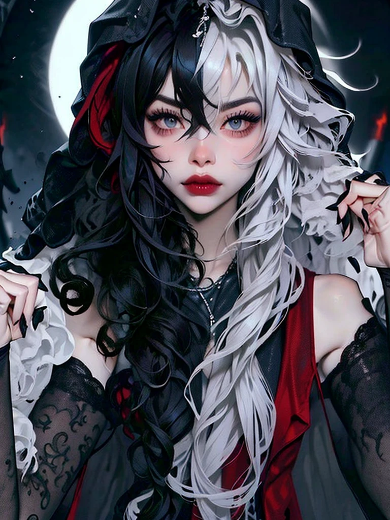 ((best quality)), ((masterpiece)), (detailed), 1girl, solo, beautiful, gothic, witch, gloomy, Asian woman, mature, black clothing, hooded black robe, modest clothing, hood up, goddess of death, blank expression, stoic expression, serious expression, split dye hair, multicolored hair, black and white hair, black dye on right side, white hair on left side, messy hair, bangs, black eyebrows, thick eyebrows, long eyelashes, grey eyes, dark circles under eyes, plump lips, red lipstick, red lips, no skin showing, skinny, pale skin, thin, sickly looking, looking at viewer, holding scythe, in graveyard, Wylona Hayashi, all black clothing, black hood, full body shot, cemetery background, standing, standing in a cemetery, holding scythe, windy, wind blowing, black long sleeves, black witch clothing, black religious clothing