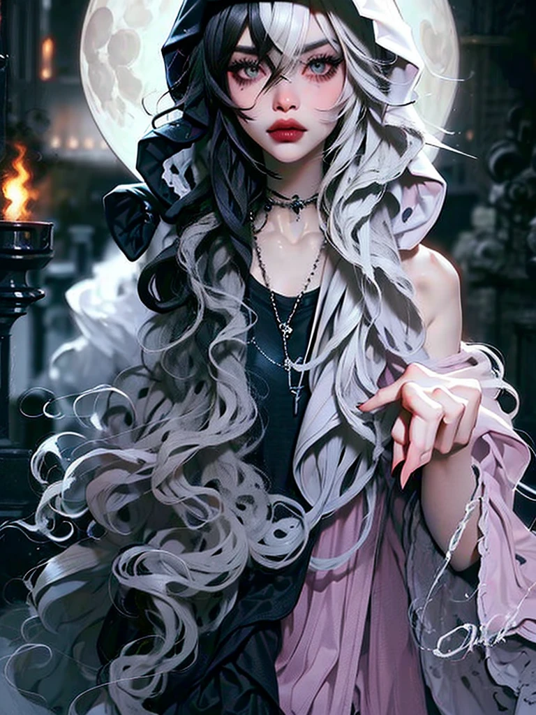 ((best quality)), ((masterpiece)), (detailed), 1girl, solo, beautiful, gothic, witch, gloomy, Asian woman, mature, black clothing, hooded black robe, modest clothing, hood up, goddess of death, blank expression, stoic expression, serious expression, split dye hair, multicolored hair, black and white hair, black dye on right side, white hair on left side, messy hair, bangs, black eyebrows, thick eyebrows, long eyelashes, grey eyes, dark circles under eyes, plump lips, red lipstick, red lips, no skin showing, skinny, pale skin, thin, sickly looking, looking at viewer, holding scythe, in graveyard, Wylona Hayashi, all black clothing, black hood, full body shot, cemetery background, standing, standing in a cemetery, holding scythe, windy, wind blowing, black long sleeves, black witch clothing, black religious clothing