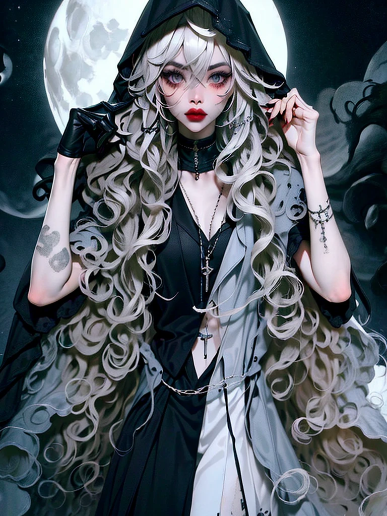 ((best quality)), ((masterpiece)), (detailed), 1girl, solo, beautiful, gothic, witch, gloomy, Asian woman, mature, black clothing, hooded black robe, modest clothing, hood up, goddess of death, blank expression, stoic expression, serious expression, split dye hair, multicolored hair, black and white hair, black dye on right side, white hair on left side, messy hair, bangs, black eyebrows, thick eyebrows, long eyelashes, grey eyes, dark circles under eyes, plump lips, red lipstick, red lips, no skin showing, skinny, pale skin, thin, sickly looking, looking at viewer, holding scythe, in graveyard, Wylona Hayashi, all black clothing, black hood, full body shot, cemetery background, standing, standing in a cemetery, holding scythe, windy, wind blowing, black long sleeves, black witch clothing, black religious clothing