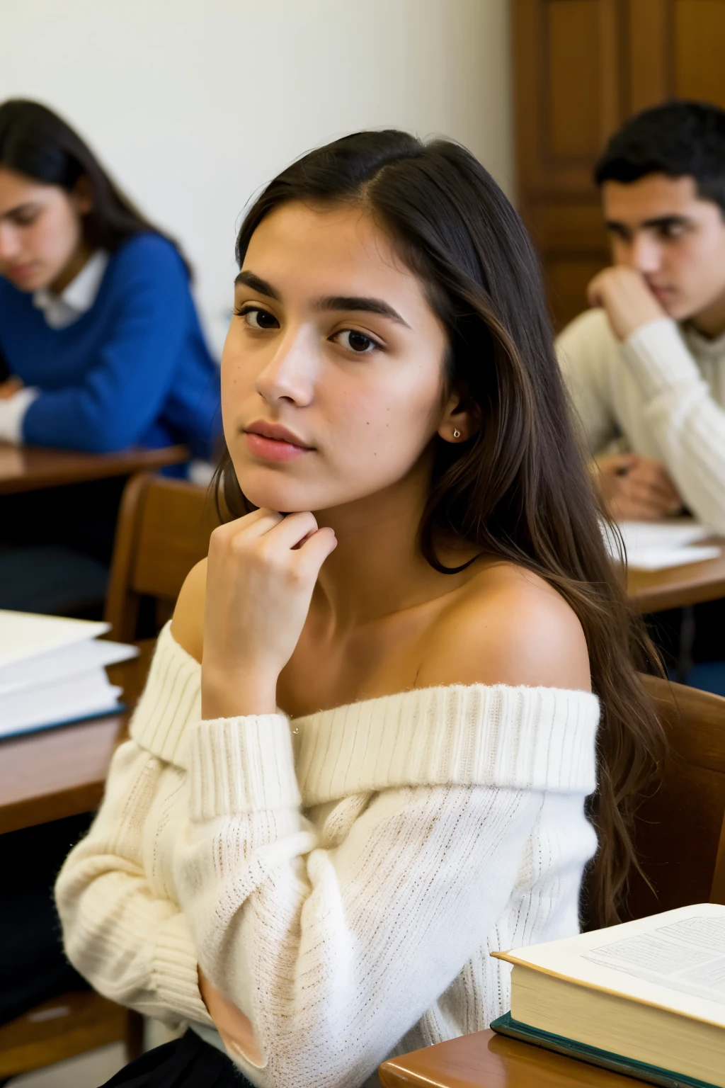 ((Best Quality)), ((Masterpiece)), (detailed), 1 girl, off shoulder sweater, latin college student, Concerned, stressed taking an exam