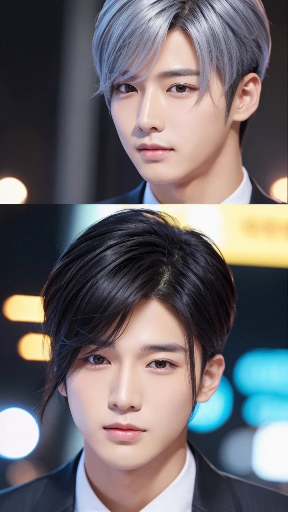 Korean star Modern hairstyle Gorgeous Flashy cute man Front face God 冠
front view