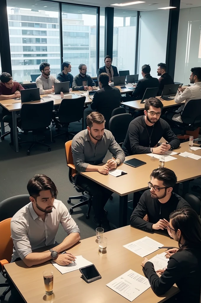 All developers from a game agency sitting at a table in a business meeting