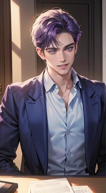 (best quality, masterpiece, 8K, photorealistic, cinematic lighting, 1:4 hdr image, ultra detailed, beautiful image), a mature man, 35 years very handsome, ((cold expression smile in love)), short purple hair, blue eyes, face perfect without mistakes, ((buttoning his jacket, CEO)), smile.