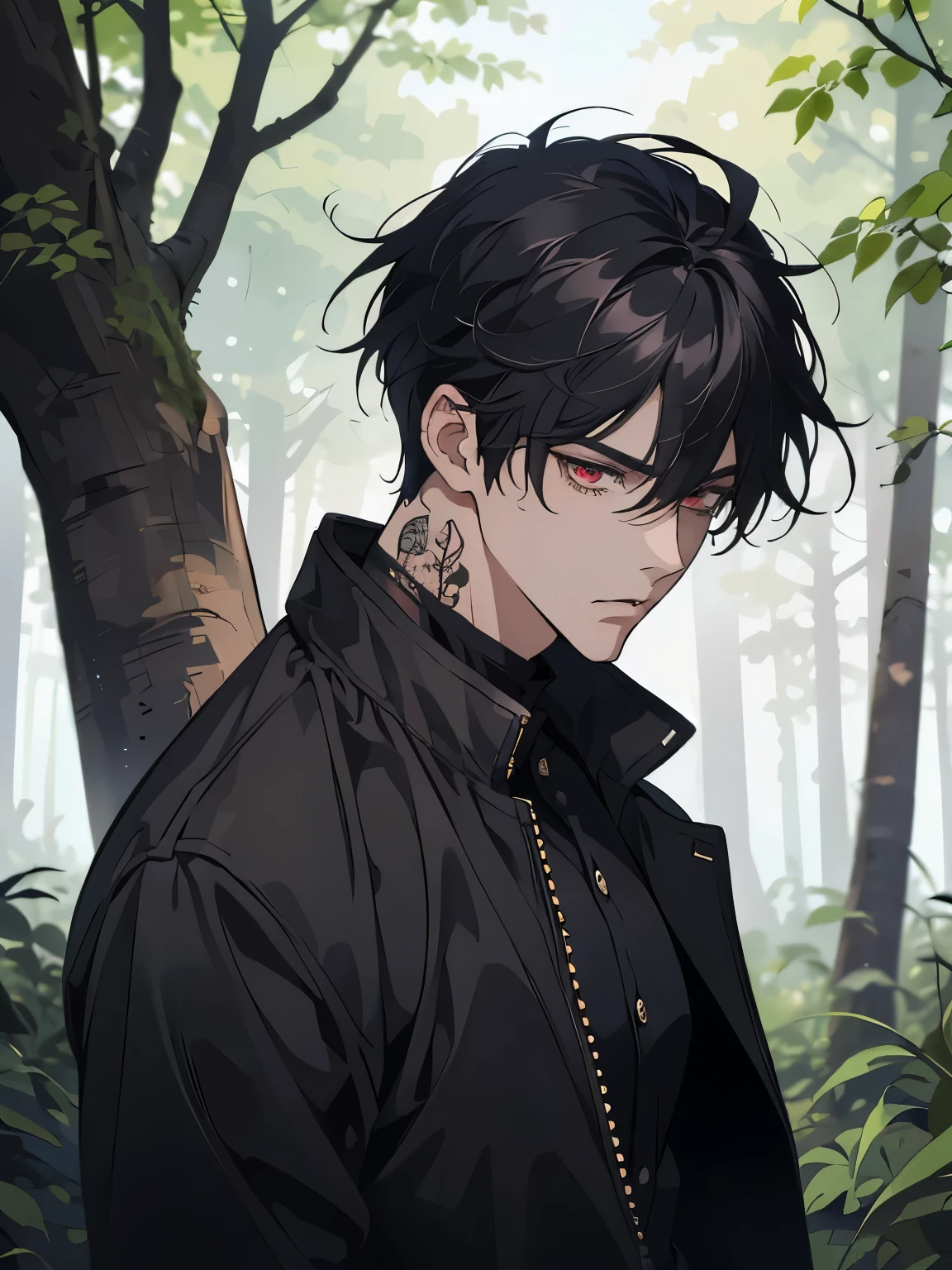 anime - style image of a man in a black jacket, black shirt, handsome guy in demon slayer art, anime lush john 8k woods, male anime style, handsome japanese demon boy, beautiful androgynous prince, anime handsome man, anime portrait of a handsome man, male anime character, badass anime 8 k, artwork in the style of guweiz, red eyes, mad face, beautiful eye, black hair, tenn boy, one boy, tatto on neck