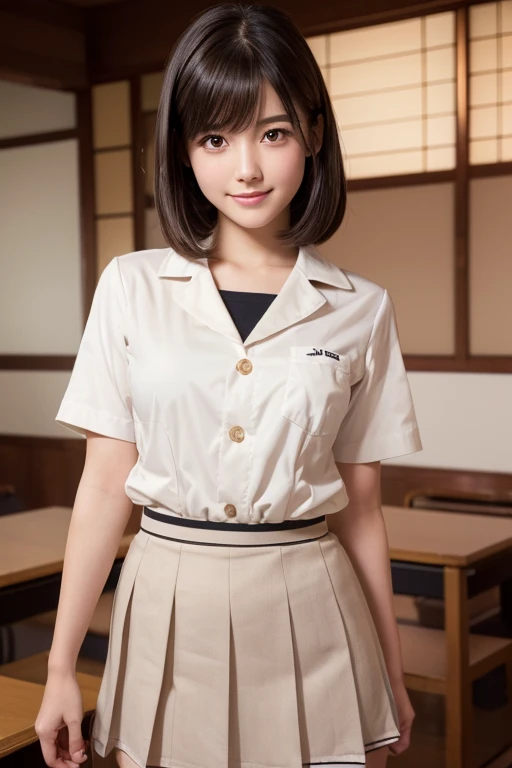 girl, White skin, Short dark brown tiered hair, V cut with layers and bangs, Brown eyes, Soft atmosphere characteristics (Highest quality, Ultra-high resolution, 8K, Ultra-high resolution: 1.2, masterpiece: 1.2), (Realistic, Realistic: 1.37), Super detailed, Professional Lighting, Photon Mapping, Radio City, Physically Based Rendering, Japanese, One Girl, alone, Black Hair, cute, Nice, Adorable, A light smile, Normal chest,night、((Japanese high school girls uniform)),classroom、