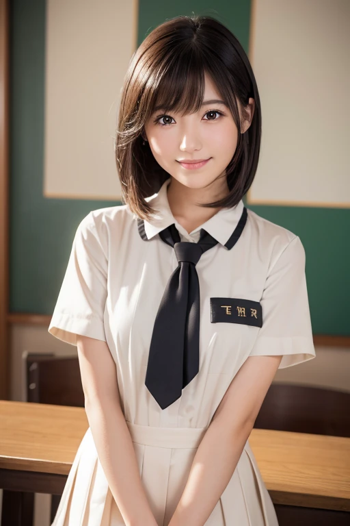 8K quality、High resolution、Beautiful fair skin texture、High resolutionの瞳、Japanese high school girls、Summer uniform、Open-neck short-sleeved white shirt、Cleavage、mini skirt、Brown Princess Hair、、Small breasts、Sweat accumulates in the chest、classroom、open mouse、Slim body、Photographed from the front