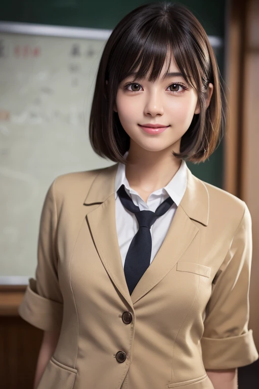 girl, White skin, Short dark brown tiered hair, V cut with layers and bangs, Brown eyes, Soft atmosphere characteristics (Highest quality, Ultra-high resolution, 8K, Ultra-high resolution: 1.2, masterpiece: 1.2), (Realistic, Realistic: 1.37), Super detailed, Professional Lighting, Photon Mapping, Radio City, Physically Based Rendering, Japanese, One Girl, alone, Black Hair, cute, Nice, Adorable, A light smile, Normal chest,night、((Japanese high school girls uniform)),classroom、