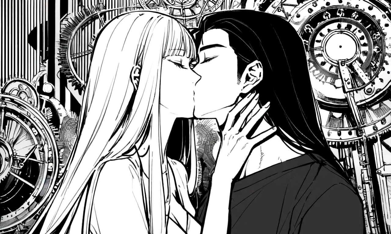 black and white drawing, giant clockwork background, 26-year-old male on the left 1, black neat hair, a lonely face, wearing gray tracksuit, Beautiful woman on the right 1, long straight hair, wearing a white dress, 서로에게 kiss하다, kiss