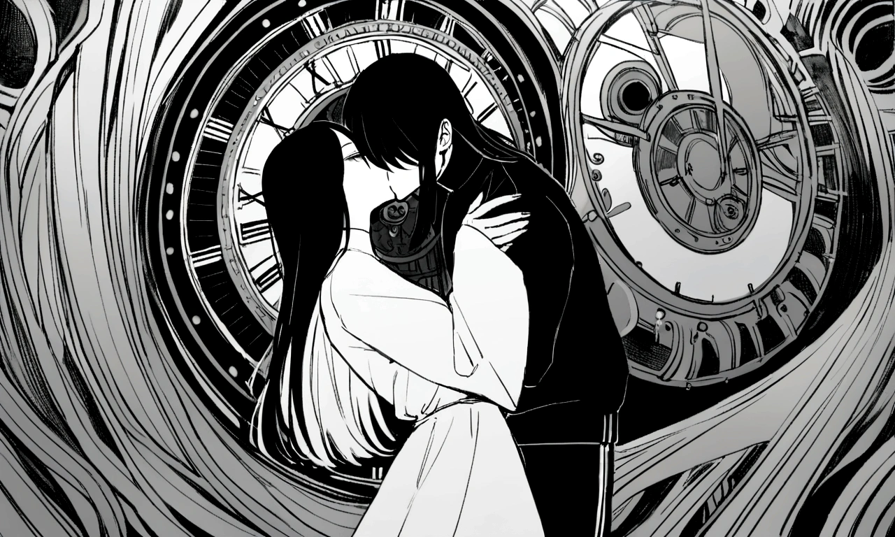 black and white drawing, giant clockwork background, 26-year-old male on the left 1, black neat hair, a lonely face, wearing gray tracksuit, Beautiful woman on the right 1, long straight hair, wearing a white dress, 서로에게 kiss하다, kiss