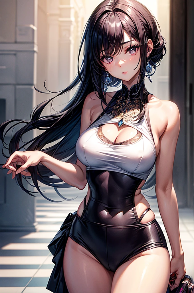 ((highest quality)),(ultra high resolution),(Super detailed),(detailed description),((best CG)),(best work of art),super precision art, great drawing art,(Art with precise details:1.5), (1 young girl:1.5), beautiful and well-shaped face:1.5,(Beautiful skin with precise and detailed depiction:1.6),(sleeveless sports bra, knee length gym shorts ),gorgeous, masterpiece, best quality, high-resolution, finely detailed, extremely detailed and beautiful, distinct-image, 1 girl, , solo, sharp facial features, oval shaped face. cherry pink lips, lightly tanned white skin. velvet-colored eyes, C-cup breasts, tall height(175cm), slim yet chiseled body type, short shoulder length dark violet-black hair, small narrow waist, long and slender legs, curvy wide hips, elegant gothic courtyard setting