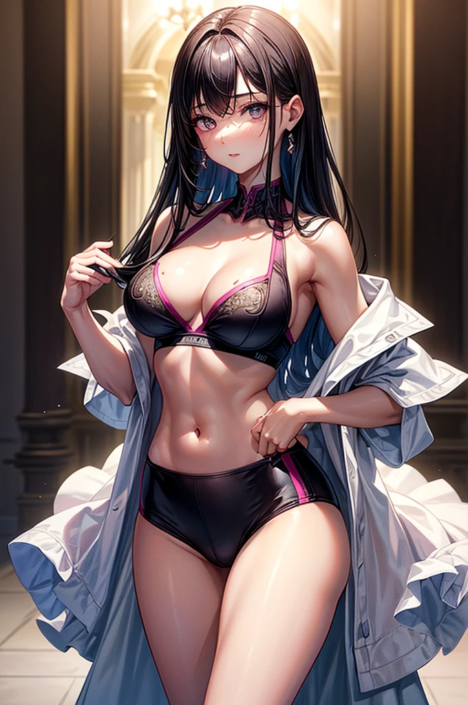 ((highest quality)),(ultra high resolution),(Super detailed),(detailed description),((best CG)),(best work of art),super precision art, great drawing art,(Art with precise details:1.5), (ung girl:1.5), beautiful and well-shaped face:1.5,(Beautiful skin with precise and detailed depiction:1.6),(sleeveless sports bra, knee length gym shorts ),gorgeous, masterpiece, best quality, high-resolution, finely detailed, extremely detailed and beautiful, distinct-image, 1 girl, 16 year old teen, solo, sharp facial features, oval shaped face. cherry pink lips, lightly tanned white skin. velvet-colored eyes, C-cup breasts, tall height(175cm), slim yet chiseled body type, short shoulder length dark violet-black hair, small narrow waist, long and slender legs, curvy wide hips, elegant gothic courtyard setting
