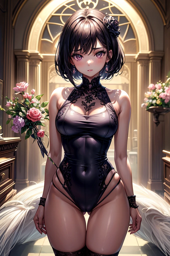 ((highest quality)),(ultra high resolution),(Super detailed),(detailed description),((best CG)),(best work of art),super precision art, great drawing art,(Art with precise details:1.5), (ung girl:1.5), beautiful and well-shaped face:1.5,(Beautiful skin with precise and detailed depiction:1.6),(sleeveless sports bra, knee length gym shorts ),gorgeous, masterpiece, best quality, high-resolution, finely detailed, extremely detailed and beautiful, distinct-image, 1 girl, 16 year old teen, solo, sharp facial features, oval shaped face. cherry pink lips, lightly tanned white skin. velvet-colored eyes, C-cup breasts, tall height(175cm), slim yet chiseled body type, short shoulder length dark violet-black hair, small narrow waist, long and slender legs, curvy wide hips, elegant gothic courtyard setting