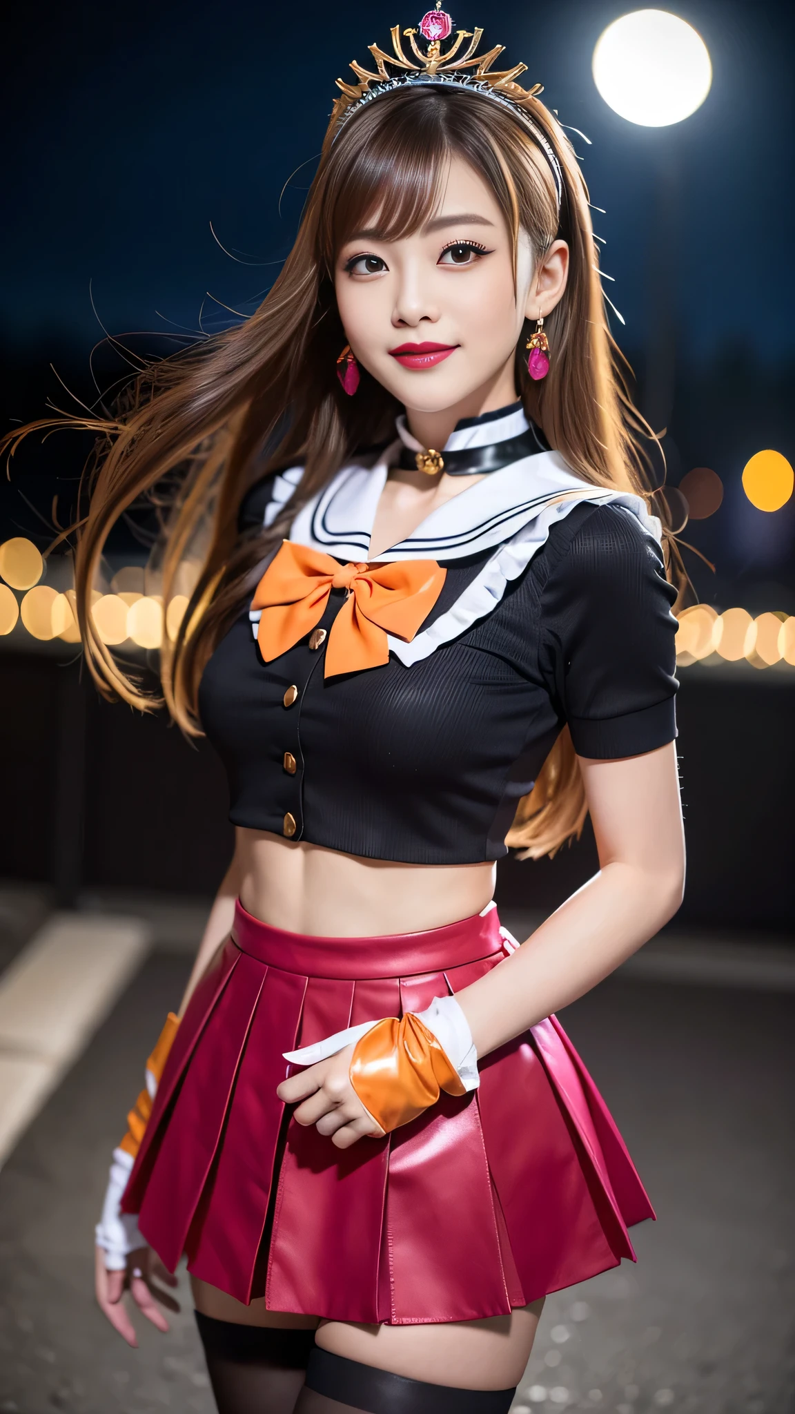 best quality、ultra-detailed、8K、Japanese、Japanese、Seductive beauty、seductive adult woman、Pretty Woman、cool girl、smirk、Wicked Smile、masterpiece、best quality、highres、1girl、solo、slender、looking at viewer、standing、sv1、 sailor senshi uniform, Orange skirt, pleated skirt, Miniskirt, orange sailor collar, elbow gloves, black gloves, tiara, hair bow, red bow, choker, orange choker, white leotard, blonde hair, very long hair, jewelry, earrings, (incoming gift, box:1.2), grin, blush, classroom, blonde hair,young, beautiful Japanese actress wearing villainous costume inspired by female demon. costume is glossy bodysuit with pink and purple color scheme. Her headpiece and makeup are uniquely themed around lipstick and cosmetic bottles, with headpiece. Her makeup features villainous-style, with bold lipstick and dramatic eyeshadow. She is smiling enticingly, capturing essence of charismatic but dangerous character, action battle pose. at night, outdoor, town、Brown hair、wavy hair、swept bangs、piercing eyes、skin color pantyhose、night、inside darkroom、hand hold pantyhose、Are standing、shoot from below、Offer、shoot from below、Swear allegiance、I have pledged my allegiance、
