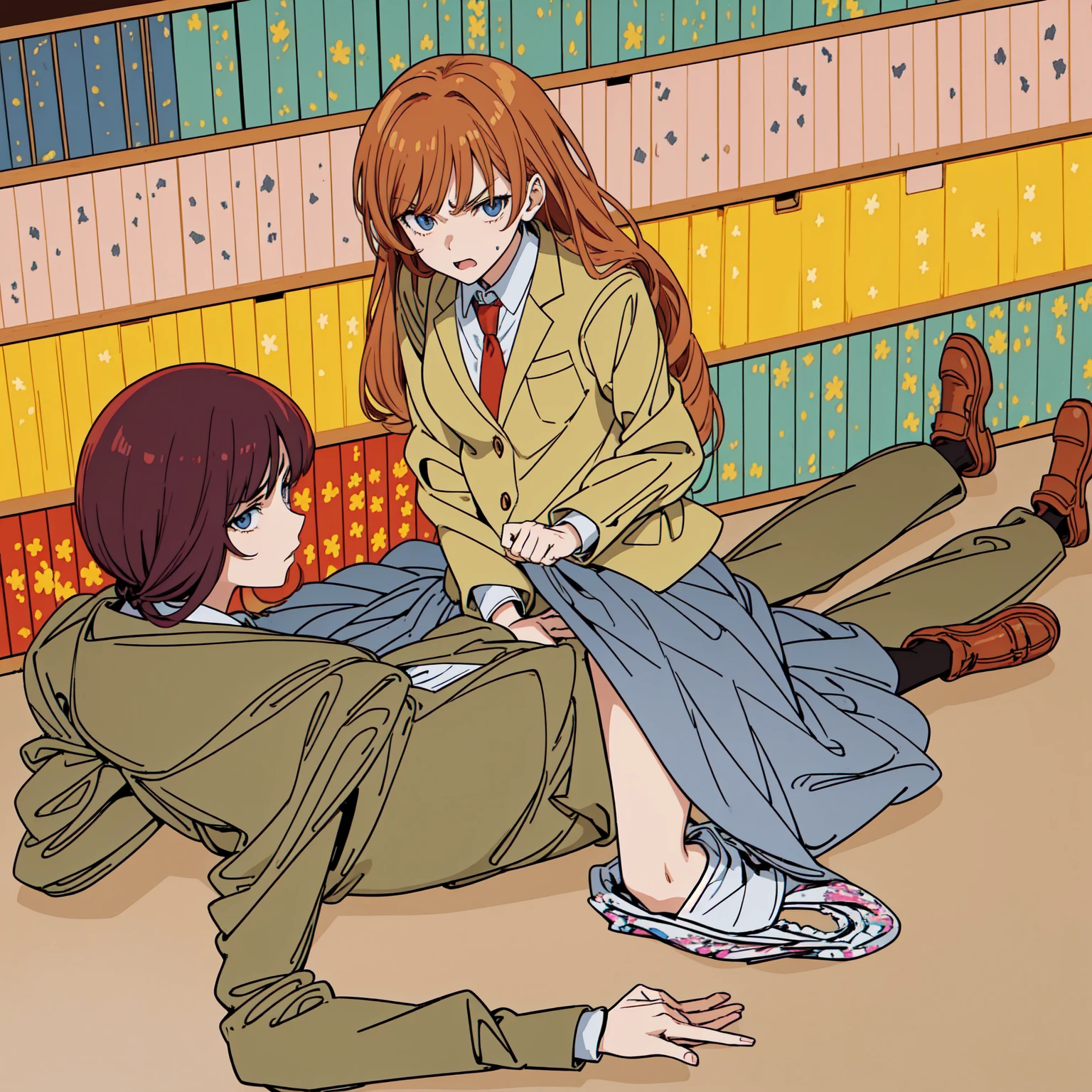 (best quality:2.0), (masterpiece:2.0), (super fine illustration:2.0), (beautiful artwork:2.0), (anime screencap:2.0), (official art:2.0), (DOF:1.5), (best quality:2.0), (masterpiece:2.0), (super fine illustration:2.0), (beautiful artwork:2.0), (anime screencap:2.0), (official art:2.0), (in the library:1.5), (best quality:2.0), (masterpiece:2.0), (super fine illustration:2.0), (beautiful artwork:2.0), (anime screencap:2.0), (official art:2.0), (pulled detailed cotton flower printed dirty panties:1.0), (a 20yo man:1.0), (a man wears business suit and puts on business shoese:1.0), (a man lies on one's back:1.0), (a girl is angry:1.6), (a girl is straddling on a man:1.0), (full body:1.0), (HSGα:1.0), (a 18yo cute girl:1.5), (long skirt:1.0), (dark blue skirt:1.0), (pleated skirt:1.0), (school uniform beige blazer:1.0), (red necktie:1.0), (loafers:1.0), (black socks:1.0), (ideal ratio body proportions:1.5), (lanky:1.5), (tall:1.5), (slender:1.5), (small breasts:1.5), (smaller face:1.5), (tareme:1.0), (detailed beautiful eyes:1.0), (detailed beautiful face:1.5), (glowing black eyes:1.0), (long hair:1.0), (brown hair:1.0), (looking at viewer:1.6)