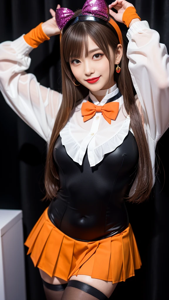 best quality、ultra-detailed、8K、Japanese、Japanese、Seductive beauty、seductive adult woman、Pretty Woman、cool girl、smirk、Wicked Smile、masterpiece、best quality、highres、1girl、独奏、slender、looking at viewer、standing、sv1、1, sailor senshi uniform, Orange skirt, pleated skirt, Miniskirt, orange sailor collar, elbow gloves, black gloves, tiara, hair bow, red bow, choker, orange choker, white leotard, blonde hair, very long hair, jewelry, earrings, (incoming gift, box:1.2), grin, blush, classroom, blonde hair,young, beautiful Japanese actress wearing villainous costume inspired by female demon. costume is glossy bodysuit with pink and purple color scheme. Her headpiece and makeup are uniquely themed around lipstick and cosmetic bottles, with headpiece. Her makeup features villainous-style, with bold lipstick and dramatic eyeshadow. She is smiling enticingly, capturing essence of charismatic but dangerous character, action battle pose. at night, outdoor, town、Brown hair、wavy hair、swept bangs、piercing eyes、skin color pantyhose、night、inside darkroom、hand hold pantyhose、Are standing、shoot from below、Offer、shoot from below、Swear allegiance、I have pledged my allegiance、