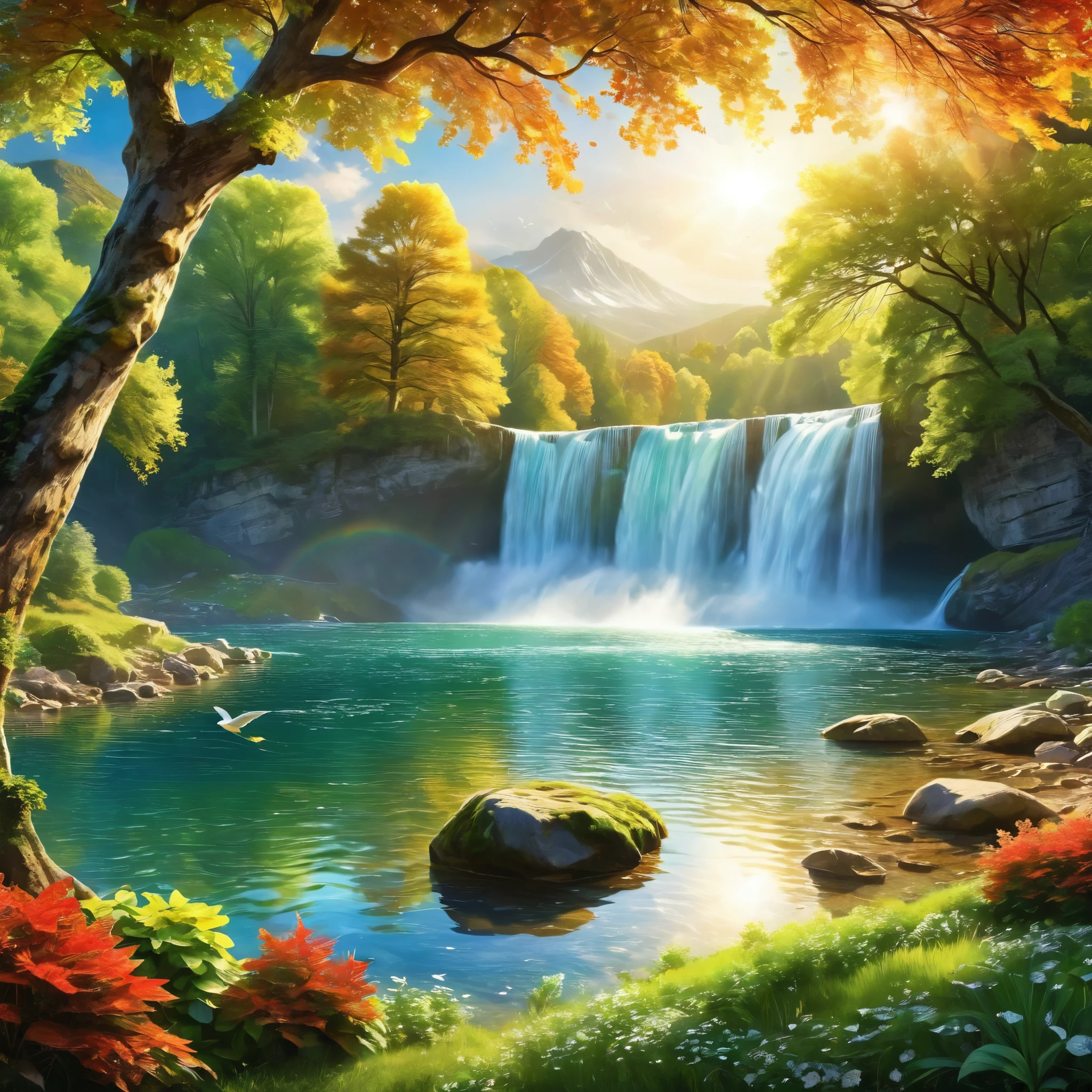 Create a breathtaking landscape scene that features majestic mountains with cascading waterfalls. The water from the falls flows into meandering rivers that lead to a tranquil, crystal-clear lake. The surroundings are rural, with lush, multi-colored leaves adorning the trees. In the sky, depict a flock of birds gracefully flying overhead. Capture the moment when fish are leaping joyfully in the river, adding a dynamic element to the scene. Near the lake's edge, include a group of deer peacefully grazing. It's a sunny day, with the warm sun casting a gentle glow on the landscape. Enhance the scene with a vibrant rainbow arching over the waterfall, adding a touch of magic and wonder.