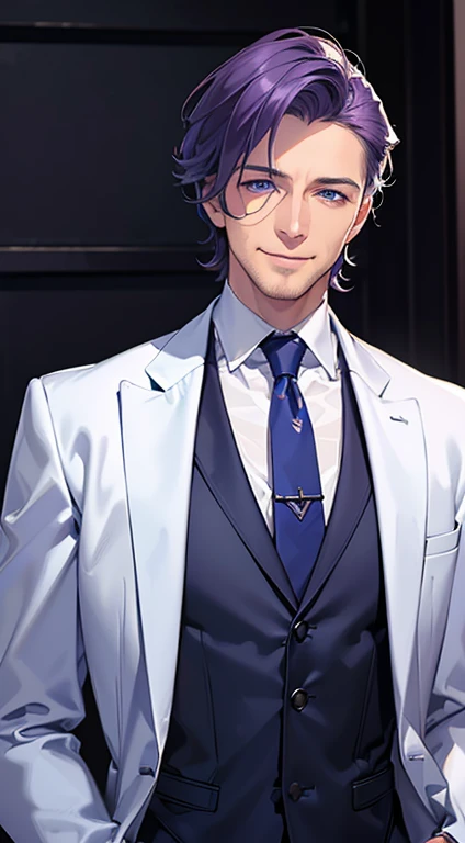 (best quality, masterpiece, 8K, photorealistic, cinematic lighting, 1:4 hdr image, ultra detailed, beautiful image), a mature man, 35 years very handsome, ((cold expression smile in love)), short purple hair, blue eyes, face perfect without mistakes, ((buttoning his jacket, CEO)), smile.