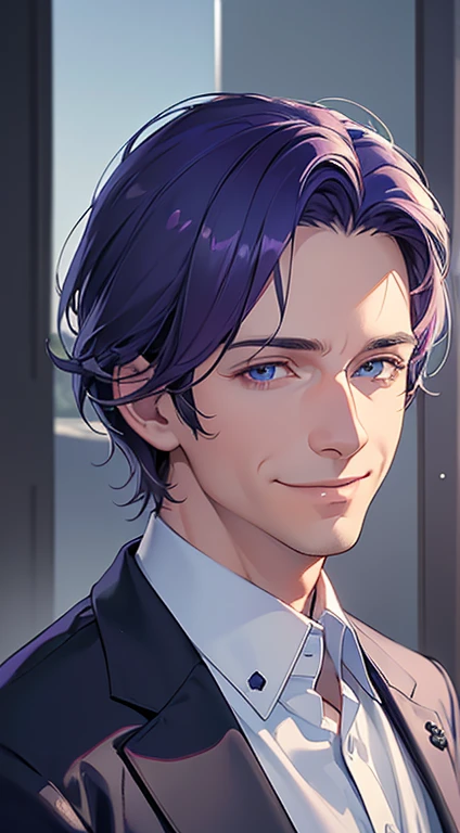 (best quality, masterpiece, 8K, photorealistic, cinematic lighting, 1:4 hdr image, ultra detailed, beautiful image), a mature man, 35 years very handsome, ((cold expression smile in love)), short purple hair, blue eyes, face perfect without mistakes, ((buttoning his jacket, CEO)), smile.