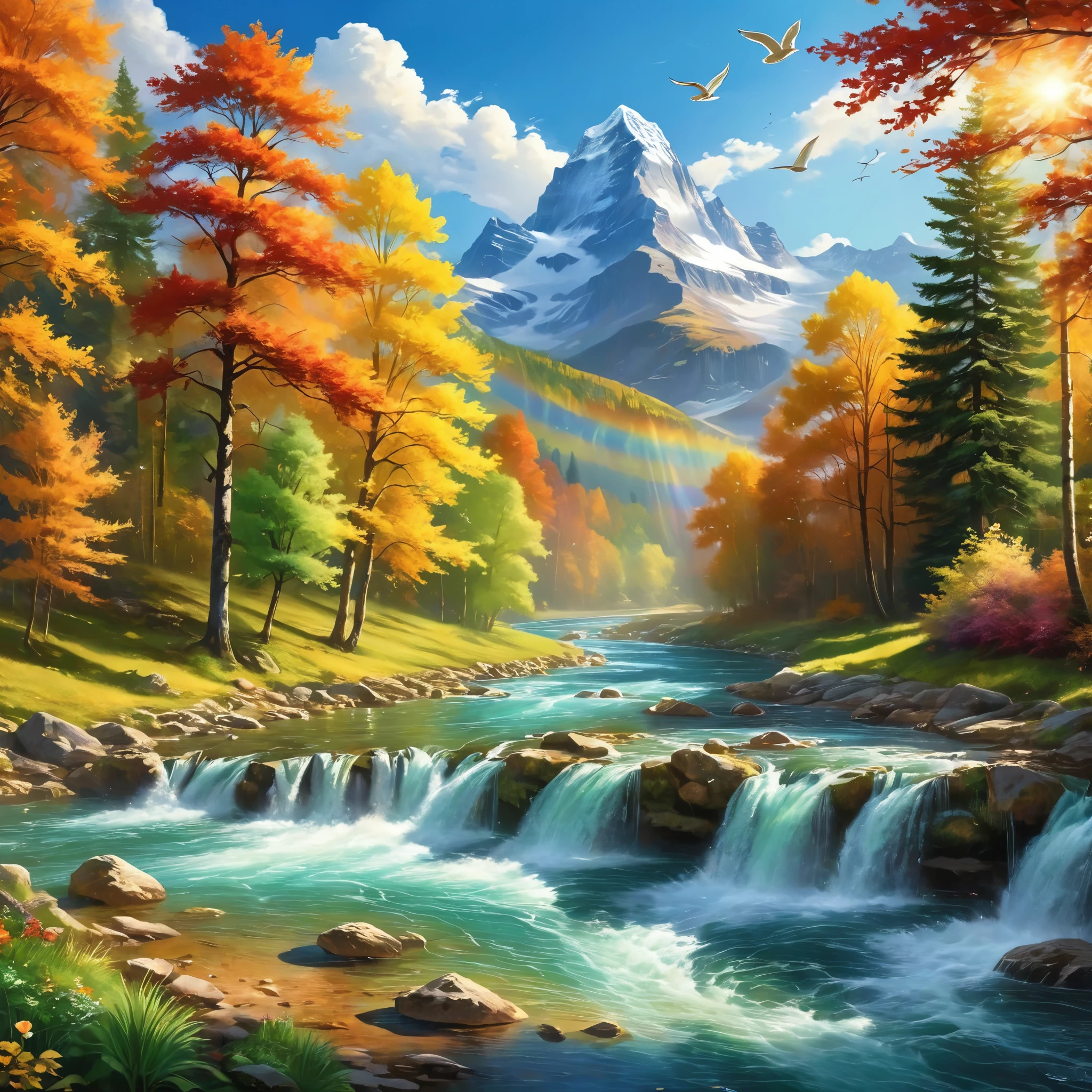 Create a breathtaking landscape scene that features majestic mountains with cascading waterfalls. The water from the falls flows into meandering rivers that lead to a tranquil, crystal-clear lake. The surroundings are rural, with lush, multi-colored leaves adorning the trees. In the sky, depict a flock of birds gracefully flying overhead. Capture the moment when fish are leaping joyfully in the river, adding a dynamic element to the scene. Near the lake's edge, include a group of deer peacefully grazing. It's a sunny day, with the warm sun casting a gentle glow on the landscape. Enhance the scene with a vibrant rainbow arching over the waterfall, adding a touch of magic and wonder.