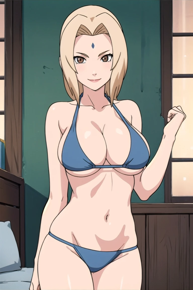 tsunade, brown eyes , blonde hair , forehead mark 
BREAK  ,    , navel , bikini , big breasts, wide hips , milf body ,((( bedroom))) , smile 
BREAK , cowboy pose 
BREAK looking at viewer, (cowboy shot:1.5),
BREAK (masterpiece:1.2), innocent eyes , beautiful face