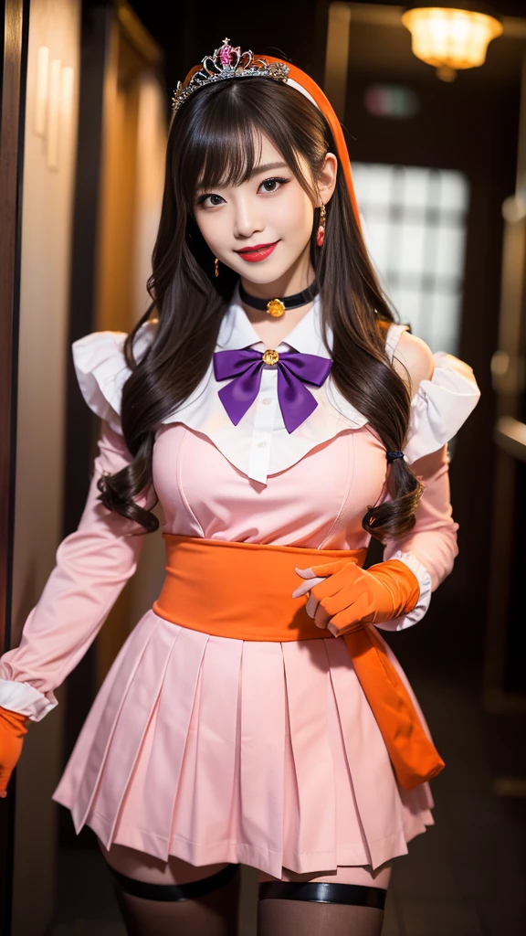 best quality、ultra-detailed、8K、Japanese、Japanese、Seductive beauty、seductive adult woman、Pretty Woman、cool girl、smirk、Wicked Smile、masterpiece、best quality、highres、1girl、独奏、slender、looking at viewer、standing、sv1、1, sailor senshi uniform, Orange skirt, pleated skirt, Miniskirt, orange sailor collar, elbow gloves, black gloves, tiara, hair bow, red bow, choker, orange choker, white leotard, blonde hair, very long hair, jewelry, earrings, (incoming gift, box:1.2), grin, blush, classroom, blonde hair,young, beautiful Japanese actress wearing villainous costume inspired by female demon. costume is glossy bodysuit with pink and purple color scheme. Her headpiece and makeup are uniquely themed around lipstick and cosmetic bottles, with headpiece. Her makeup features villainous-style, with bold lipstick and dramatic eyeshadow. She is smiling enticingly, capturing essence of charismatic but dangerous character, action battle pose. at night, outdoor, town、Brown hair、wavy hair、swept bangs、piercing eyes、skin color pantyhose、night、inside darkroom、hand hold pantyhose、Are standing、shoot from below、Offer、shoot from below、Swear allegiance、I have pledged my allegiance、