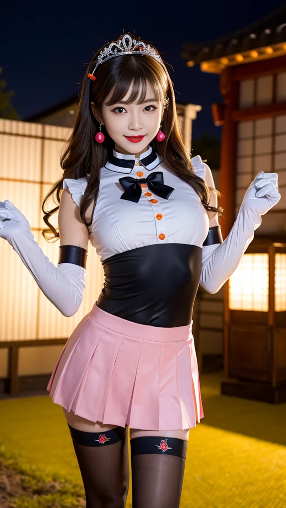(Highest quality、masterpiece、8k、Best image quality、Hyperrealism、Award-winning works)、(alone:1.1)、(1 photo:1.1)、(Cute girly-wave hair:1.1)、(Low length:1.1)、(Big Breasts:1.2)、(Soft cleavage:1.1)、cute heart-shaped decorations、Accentuate your body lines、Slender body、Standing Elegantly、(pastel-colored girly and luxurious room background:1.1)、(Luxurious ta room with Blurred Background:1.1)、(Cute girly curtains in pastel colors:1.1)、(very bright and vivid:1.2)、(Cute girly wall decoration in pastel colors:1.1)、Blurred Background、Full body photo of a woman standing gracefully、Accurate anatomy、Perfect Makeup、Long eyelashes、Glossy Lips、Ultra HD glossy skin、(Ultra-high definition, bright and beautiful skin:1.2)、超高精細のGlossy Lips、Ultra-high definition beautiful teeth((Same 1, tiara, Sailor Warrior Uniform, White gloves, Red Sailor Collar, Red Skirt)),City of night,White gloves,Purple ribbon,Purple eyes, (Magical World,fire),High heels,