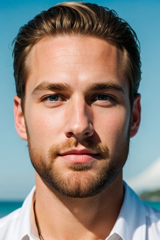 A successful businessman Hyper Realistic On vacation Luxury realistic look blonde hair light tan blue eyes selfi face three day beard front shot face