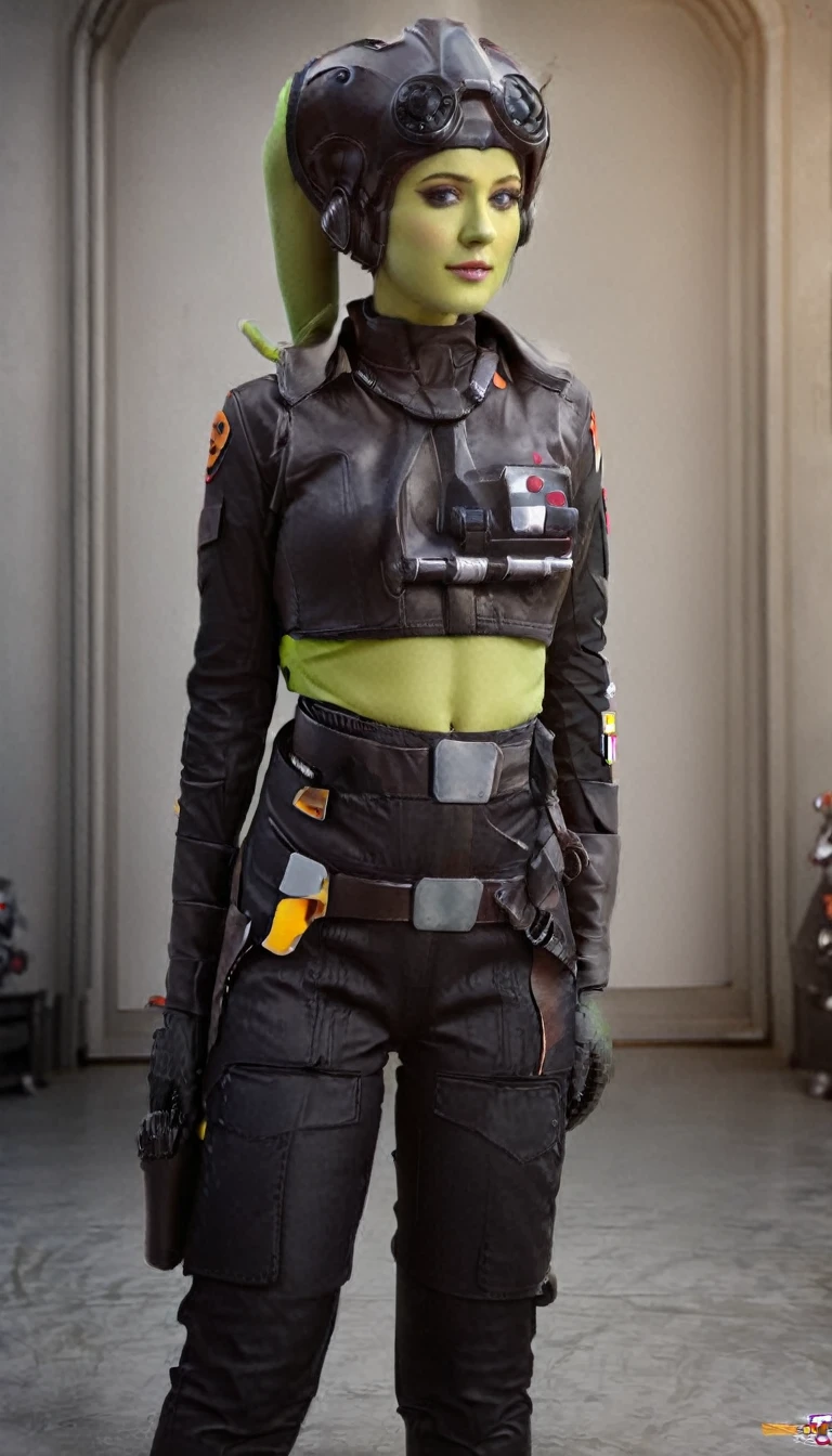 A beautiful sexy , hera syndulla, green skin (detailed realistic,4k,highres,masterpiece:1.2),Tie Pilot uniform
