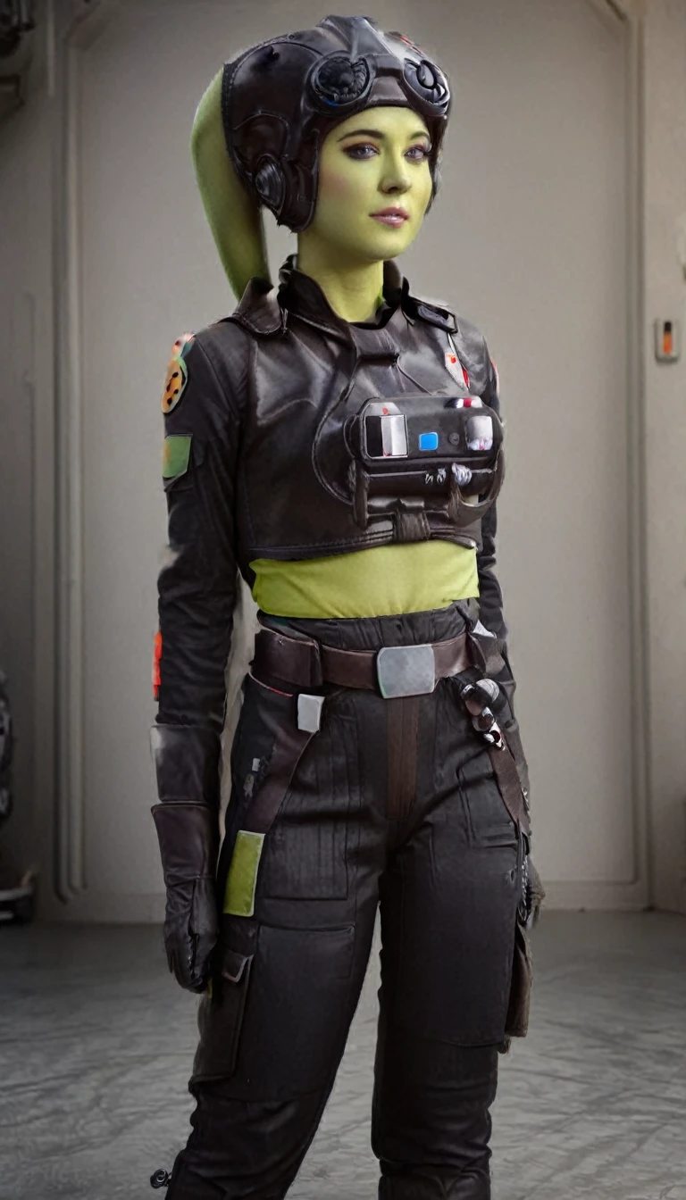 A beautiful sexy , hera syndulla, green skin (detailed realistic,4k,highres,masterpiece:1.2),Tie Pilot uniform